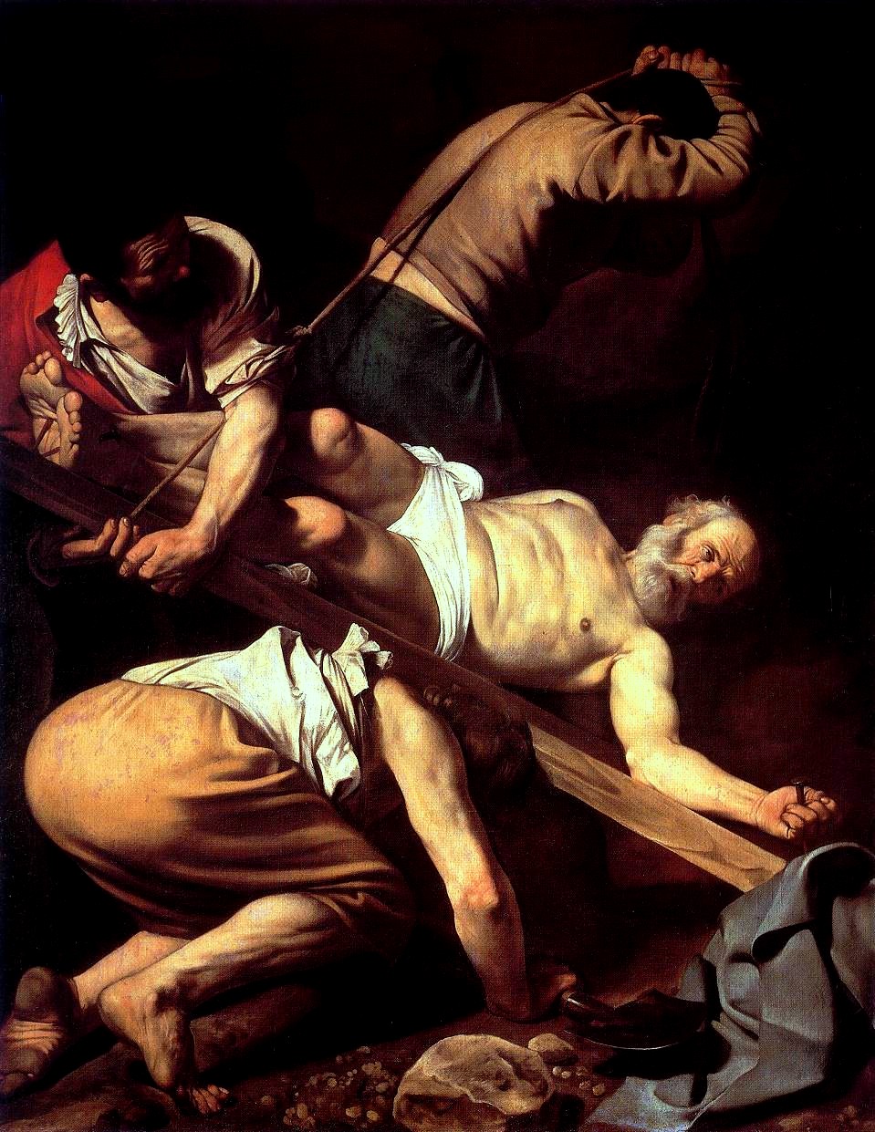 Caravaggio, Crucifixion of St. Peter, 1601,230 x 175 cm, Cerasi Chapel, Santa Maria del Populo, Rome (Image public domain)