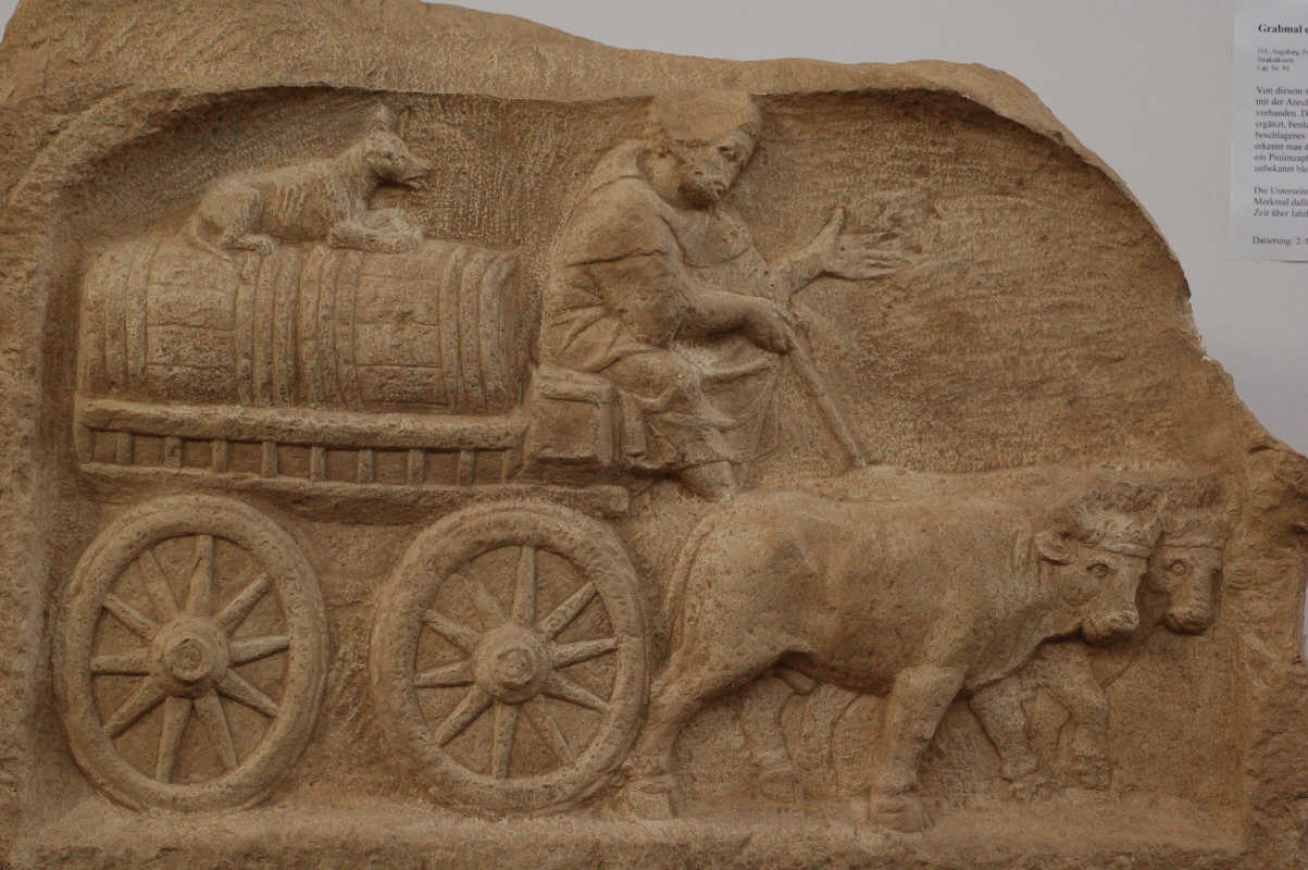 Roman wine trade oxcart, from grave stele, Augsburg Roman Museum (Photo in public domain)