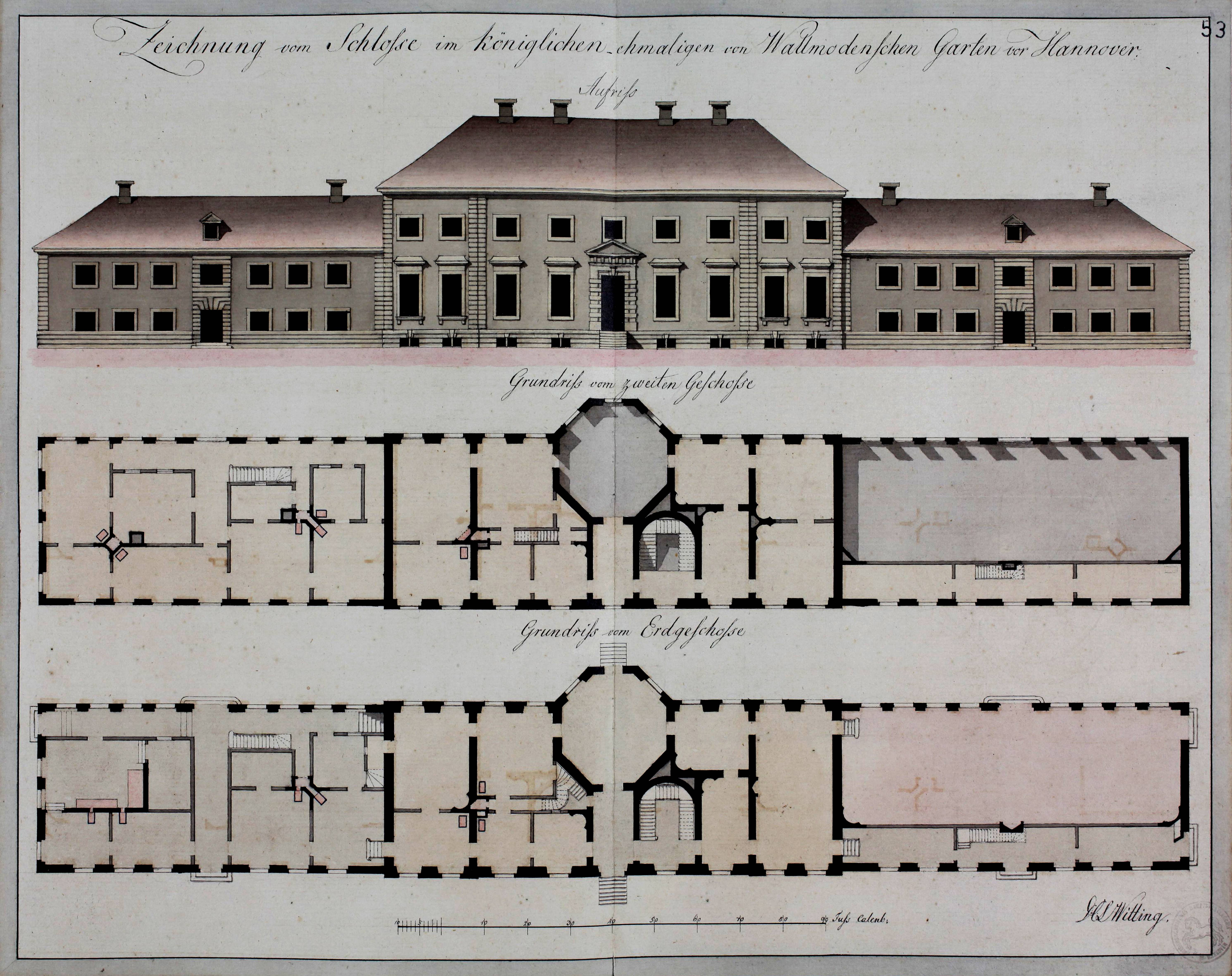 Fig. 7 Diederich Christian Ludewig Witting (active at the beginning of the 19th century), Plan and Elevation of the Wallmoden Palace, March 1818, pen, ink and water colour on paper, 31.5 Ã— 40cm, NiedersÃ¤chsisches Landesarchiv, Hanover, Sig. Hann. 92 Nr. 209, sheet 53