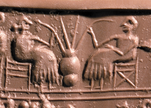 Sumerian cylinder seal relief of beer drinking, Ur, ca. 2500 BCE (image public domain)